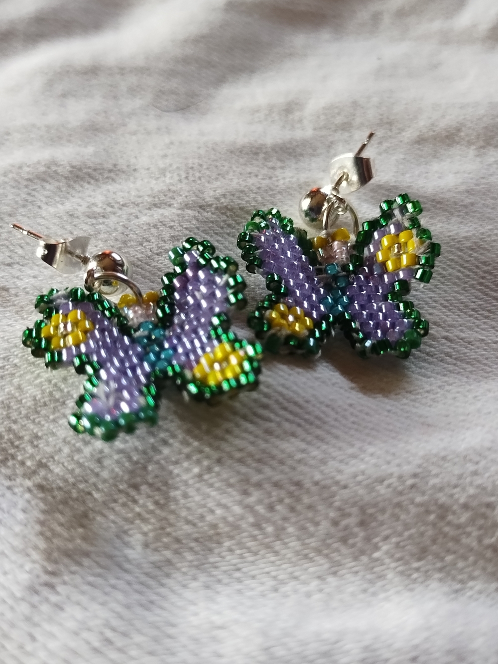 Purple & Yellow Beaded Butterfly Stud Earrings